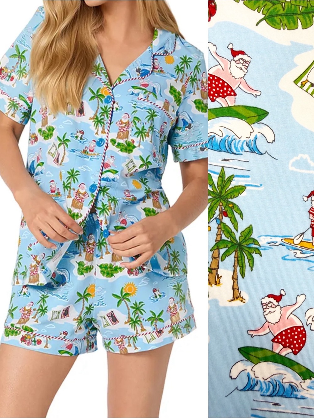 BedHead PJs Short Sleeve Classic Stretch Jersey Pajama Set Surfin’ Santa’s Print